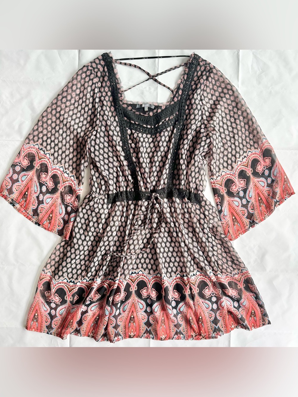 Miss Me boho pheasant paisley mini dress, size large